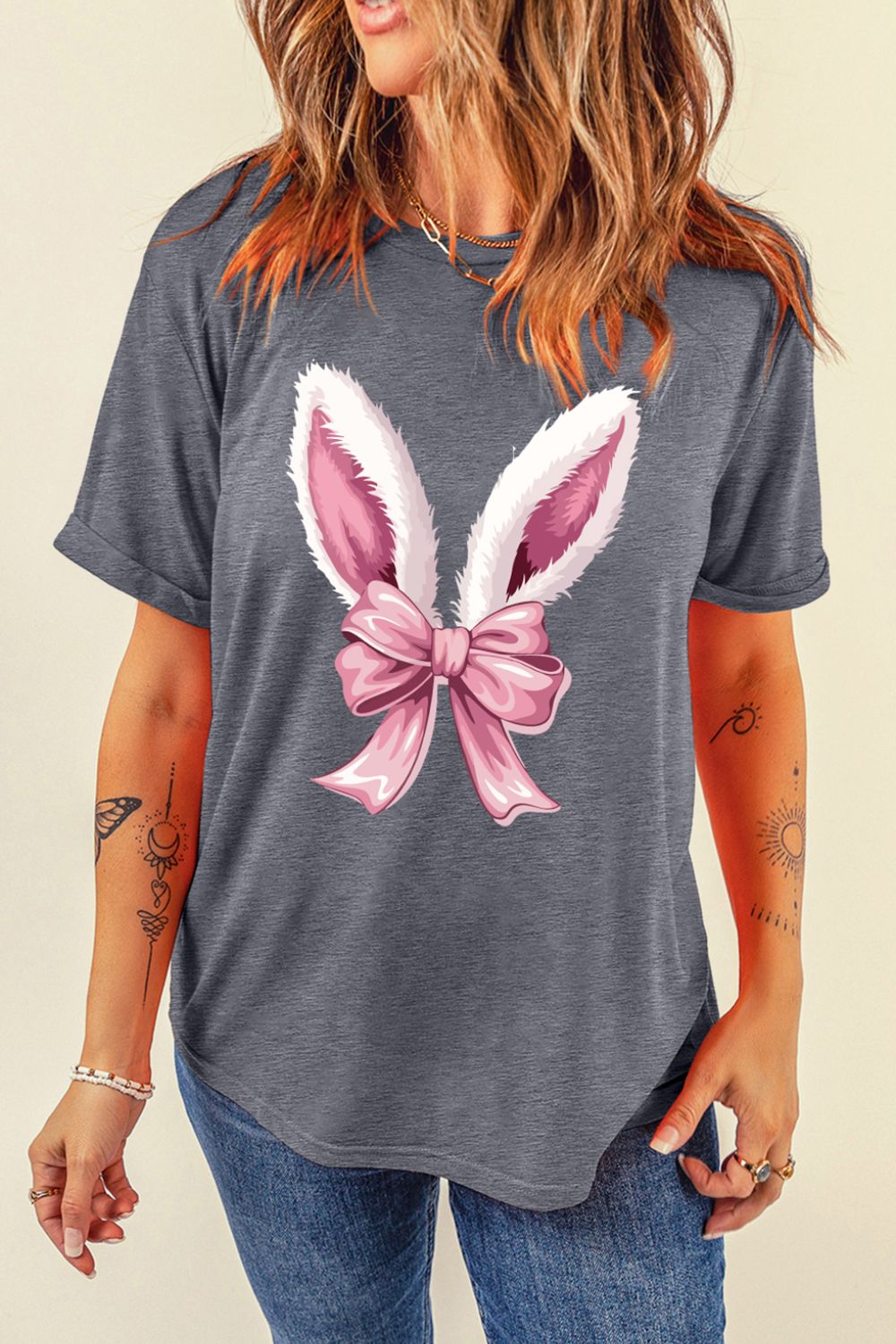 Bunny Ear Bow Graphic Short Sleeve T-Shirt Gray