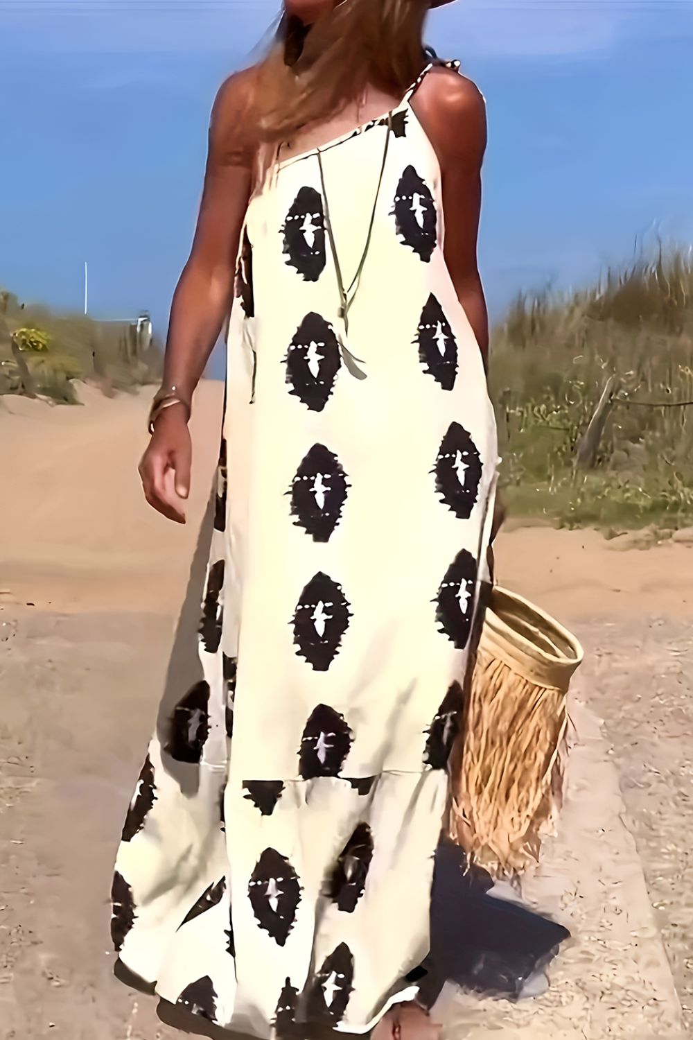 Printed Single Shoulder Maxi Dress Light Yellow