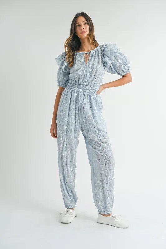 MABLE Eyelet Lace Ruffle Shoulder Jumpsuit
