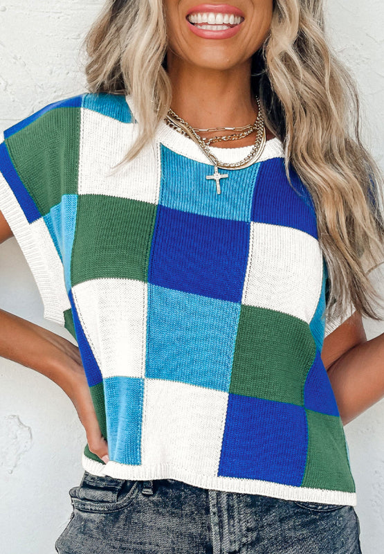 Contrast Plaid Round Neck Cap Sleeve Sweater Blue