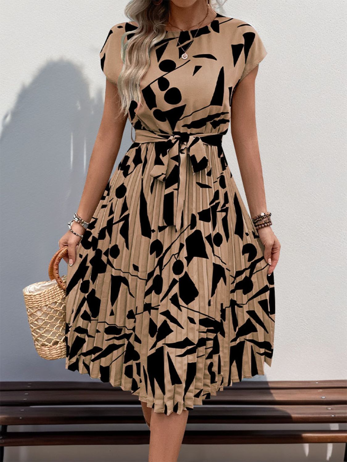 Perfee Tied Pleated Printed Cap Sleeve Dress Camel
