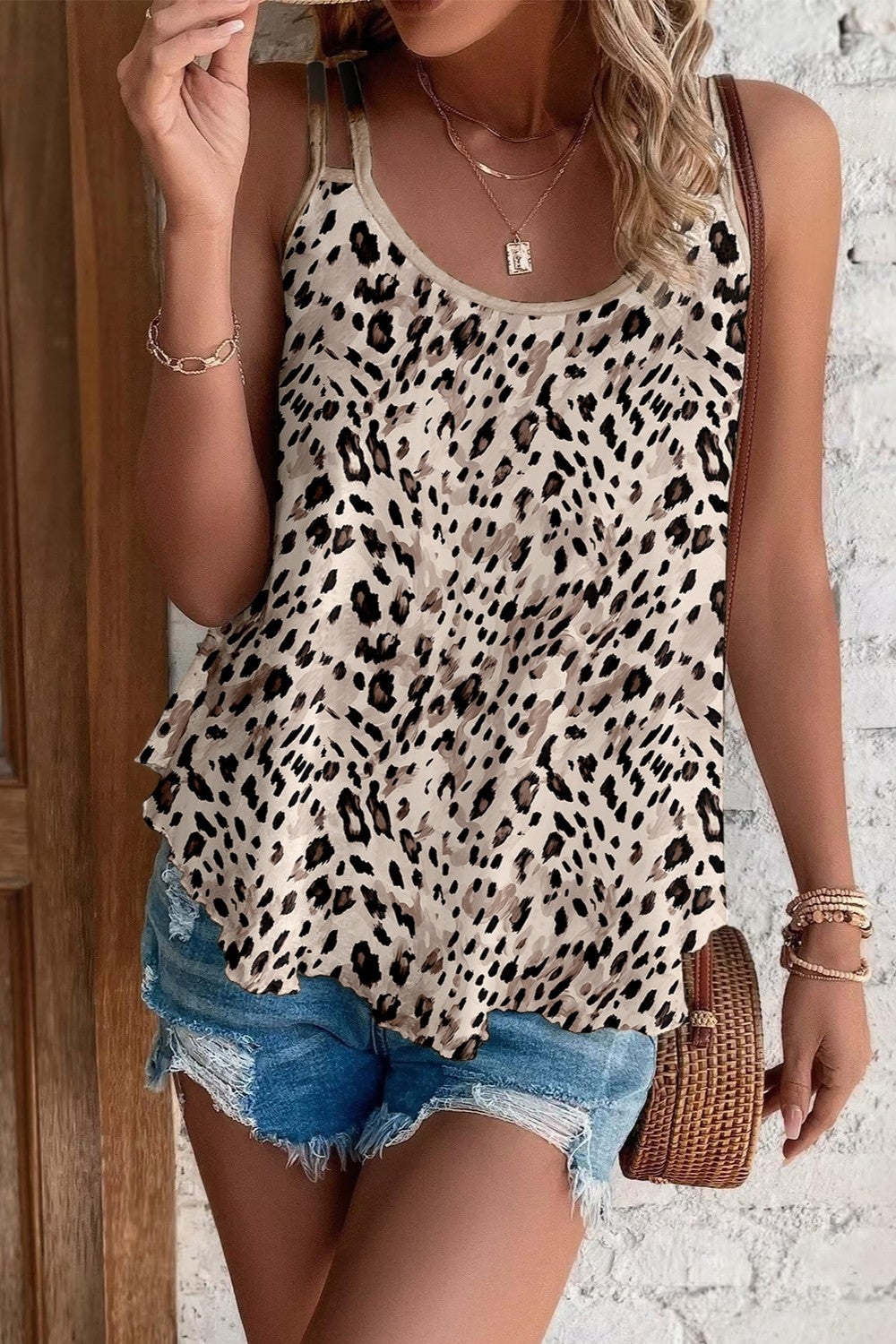Printed Round Neck Cami Beige