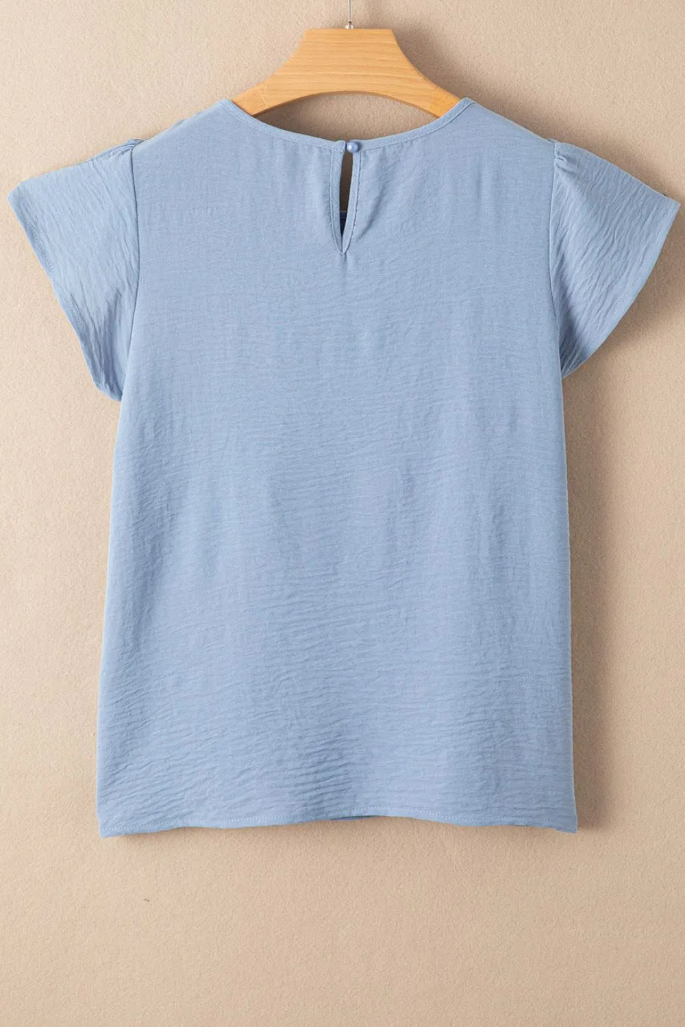 Solid Color Flounce Sleeve Pleated Round Neck Blouse