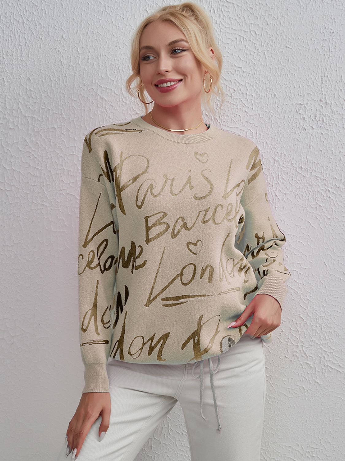Drawstring Hem Letter Pattern Round Neck Dropped Shoulder Sweater Beige One Size