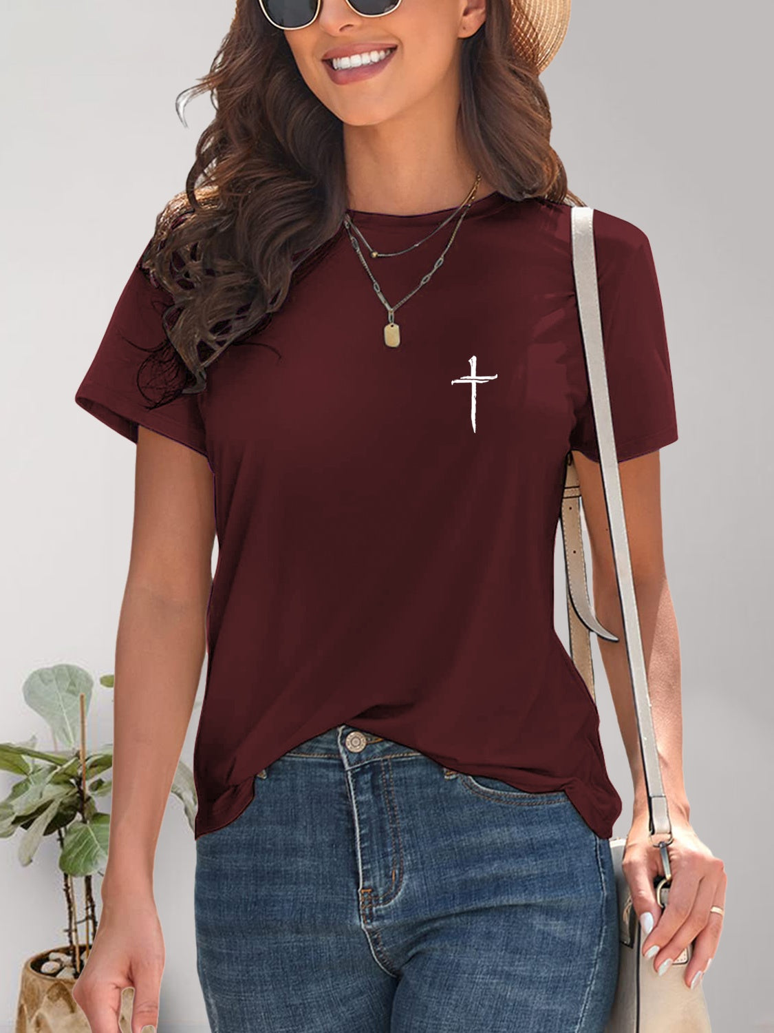 Cross Graphic Round Neck T-Shirt Burgundy