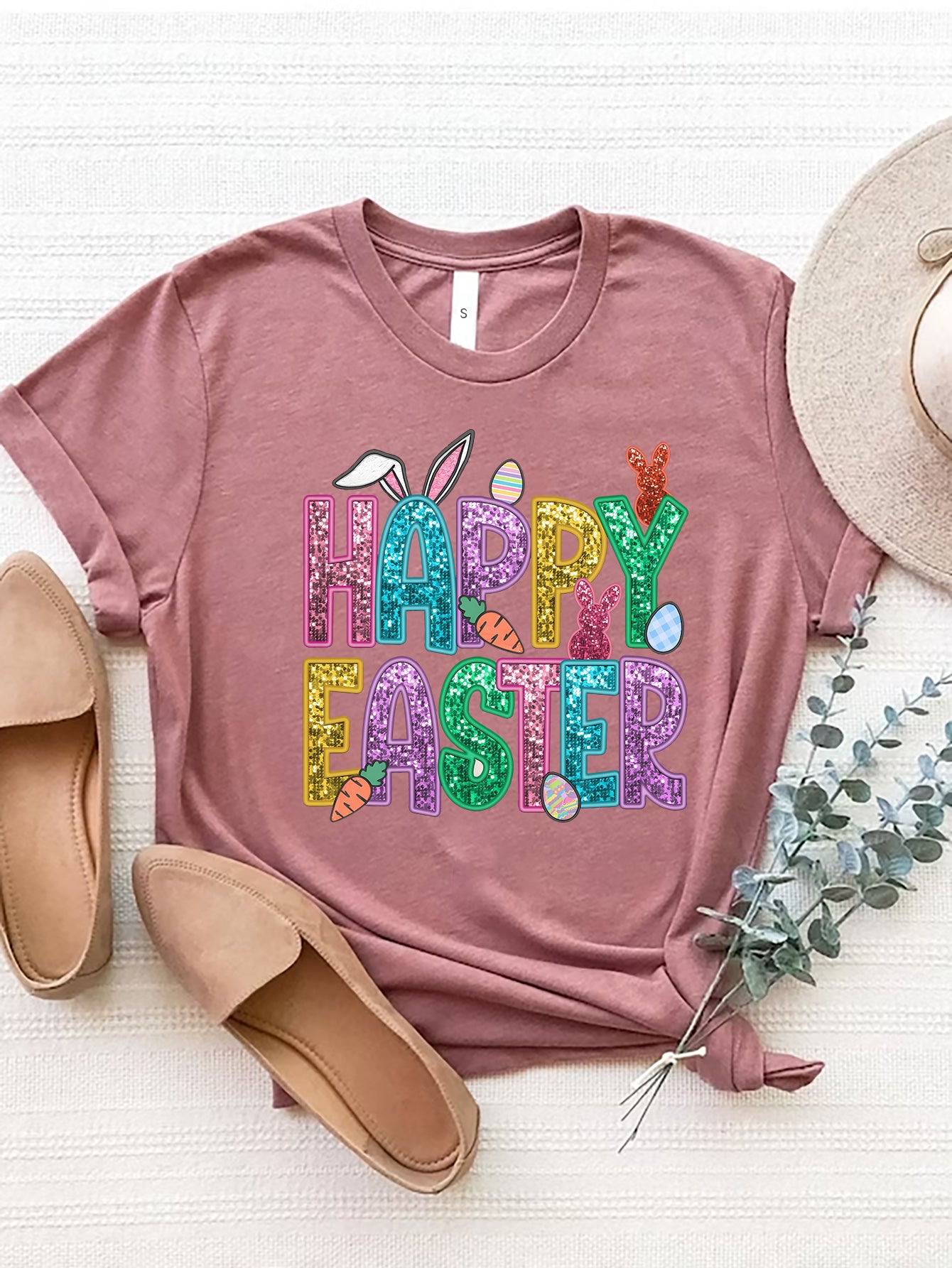 HAPPY EASTER Round Neck Short Sleeve T-Shirt Dusty Pink