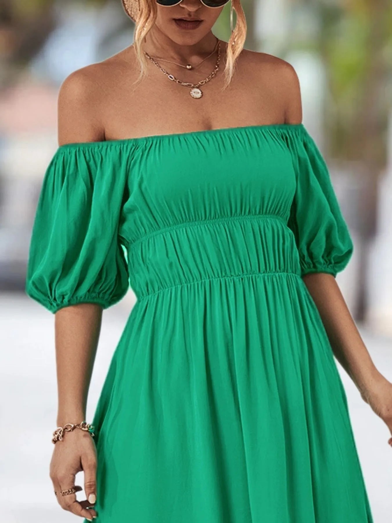 Off-Shoulder Puff Sleeve Mini Dress