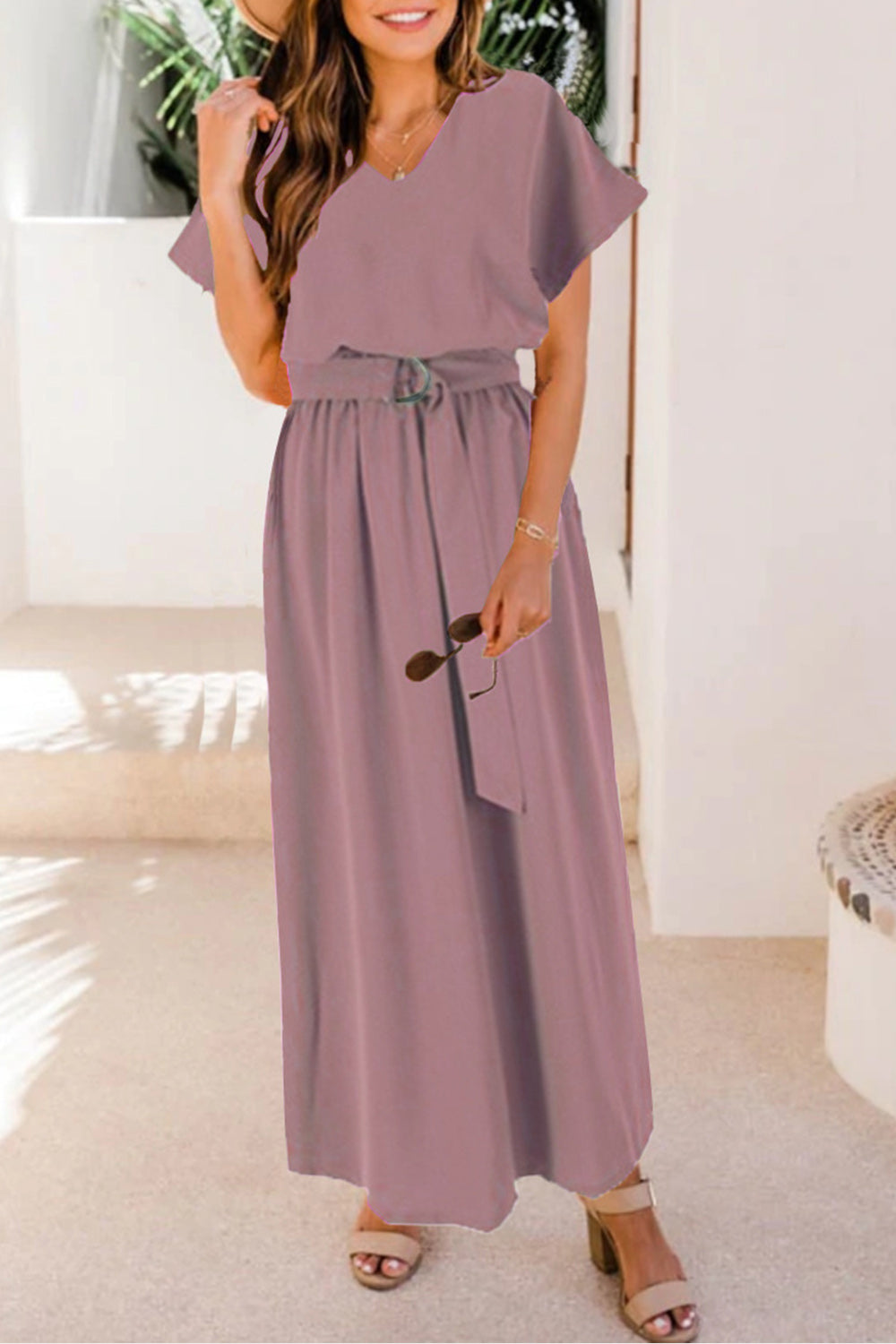 Ruched V-Neck Cap Sleeve Dress Pink Purple