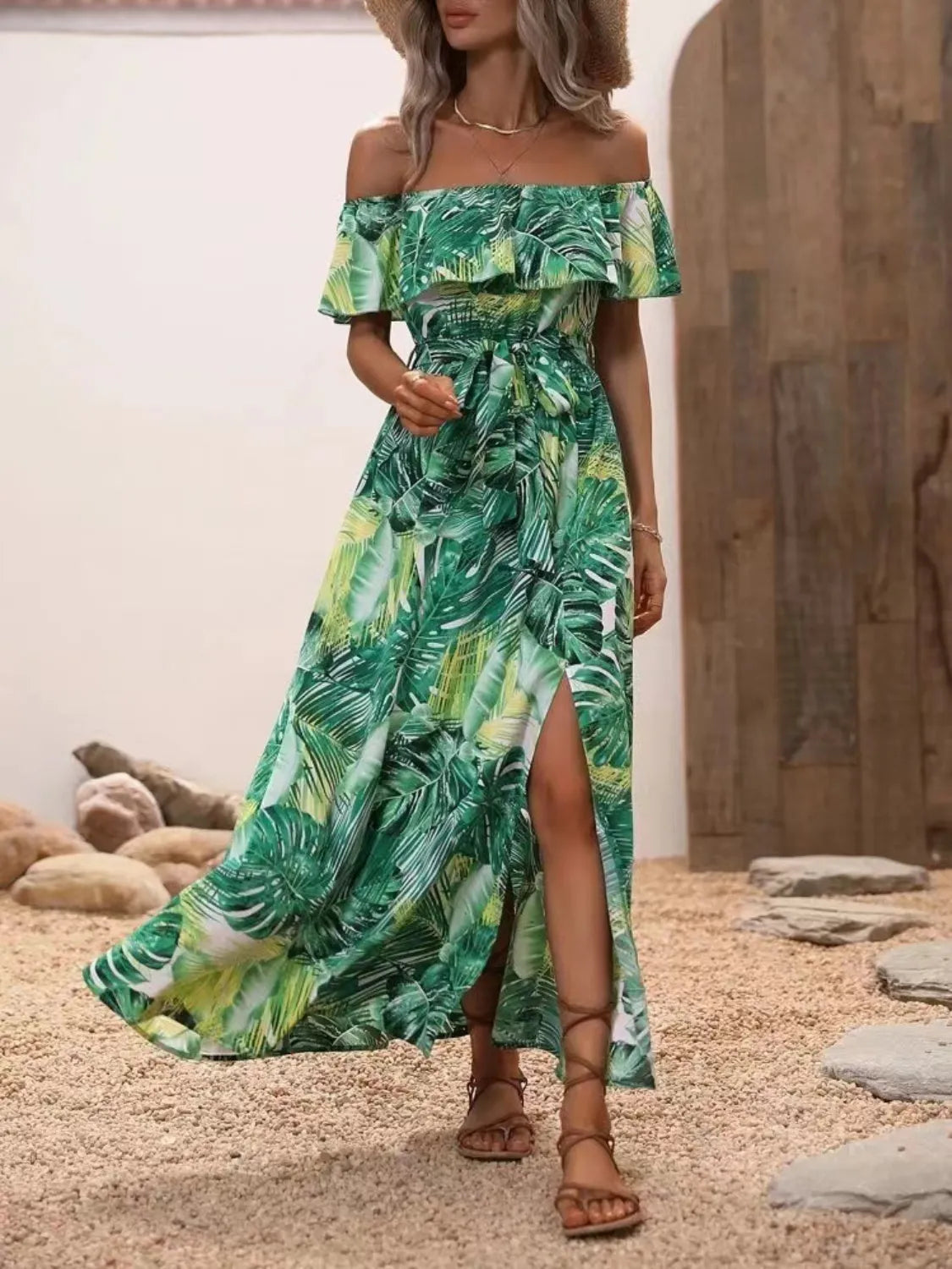 Ruffled Printed Off Shoulder Maxi Dress