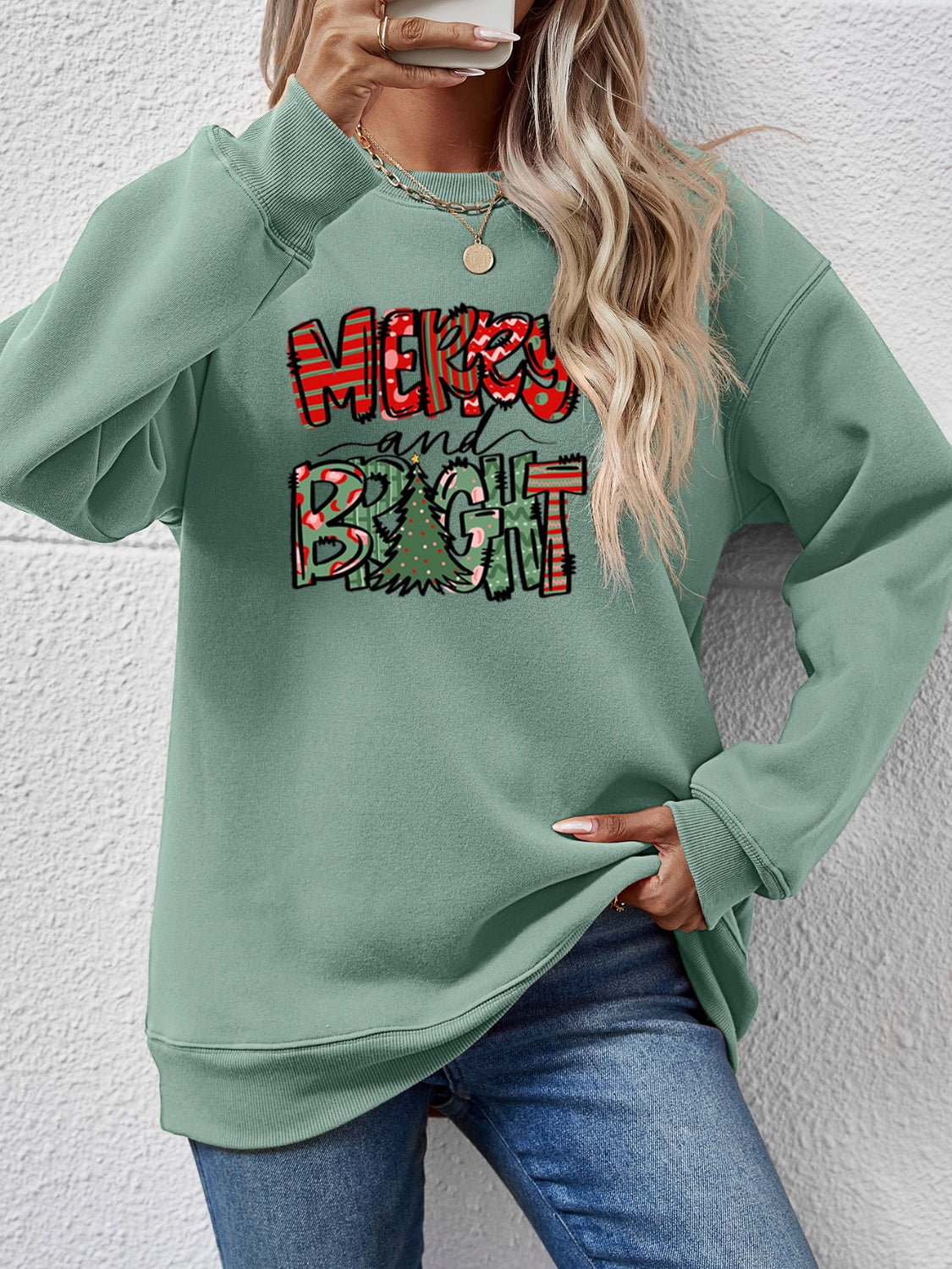 MERRY AND BRIGHT Long Sleeve Sweatshirt Sage