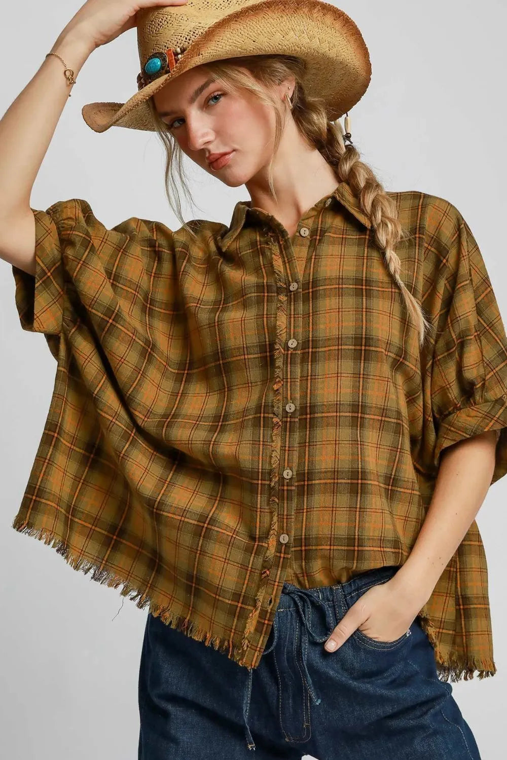 Umgee Full Size Raw Hem Plaid Collared Neck Half Sleeve Shirt Plus Size Mustard