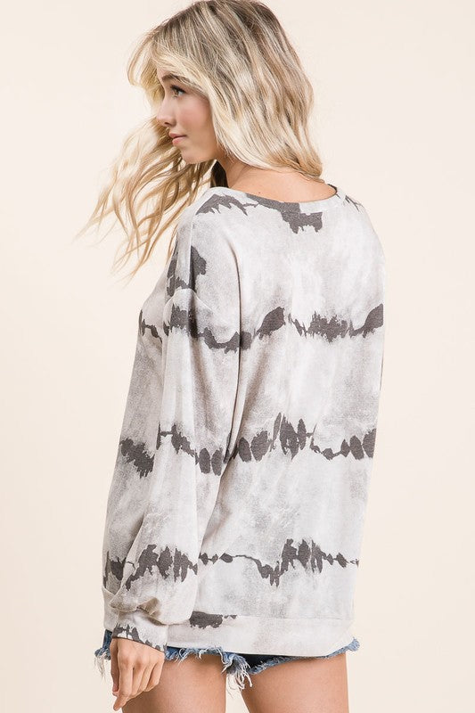 BiBi Tie-Dye French Terry Round Neck Long Sleeve T-Shirt