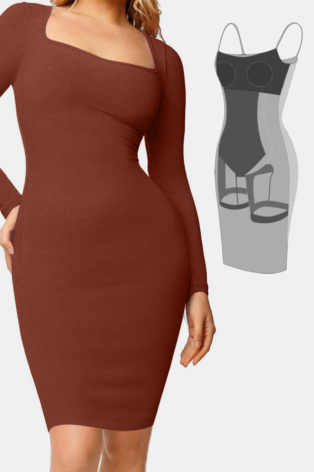 Basic Bae Full Size Built-In Shapewear Square Neck Long Sleeve Dress Dark Brown