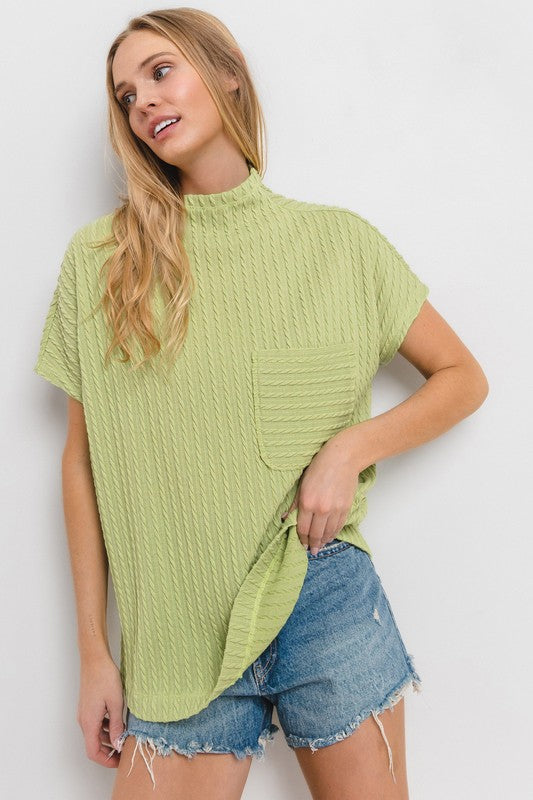 Ces Femme Texture Mock Neck Short Sleeve Knit Top