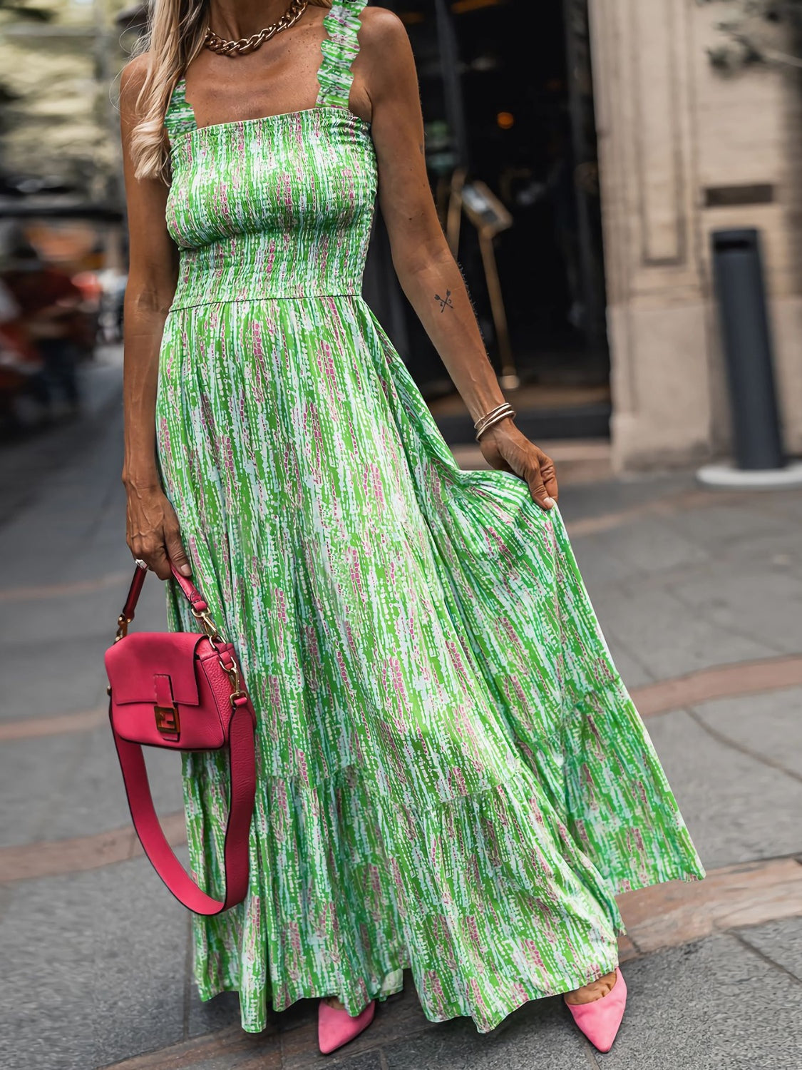 Smocked Printed Square Neck Sleeveless Dress Light Green