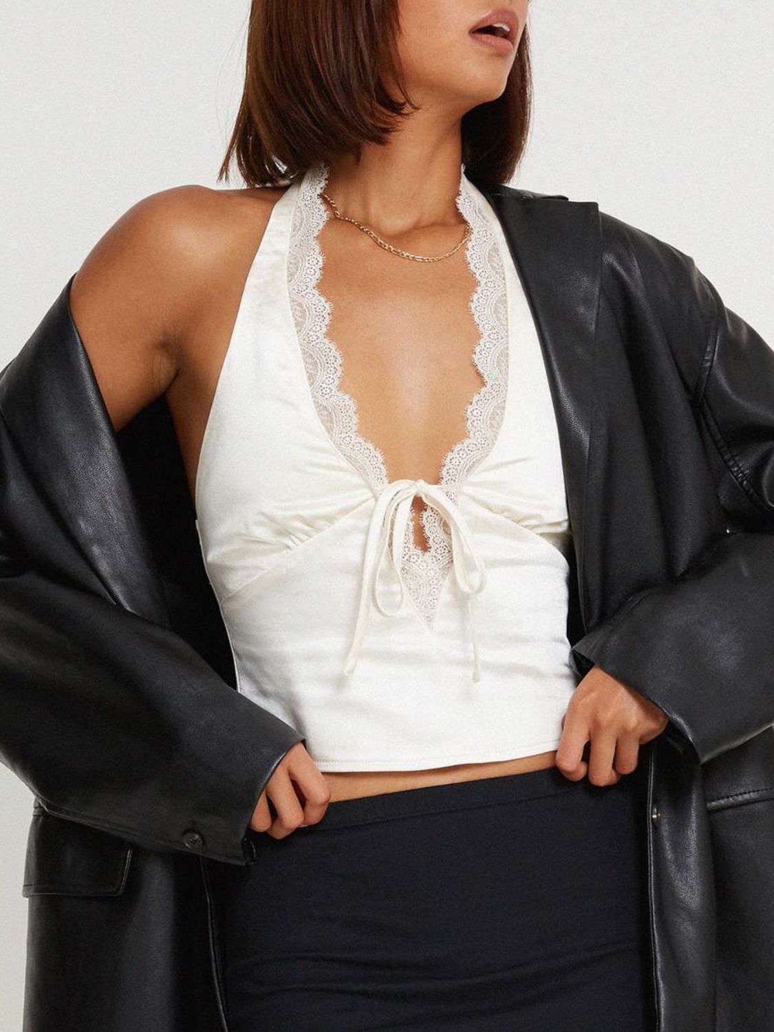 Lace Detail Halter Neck Tank White
