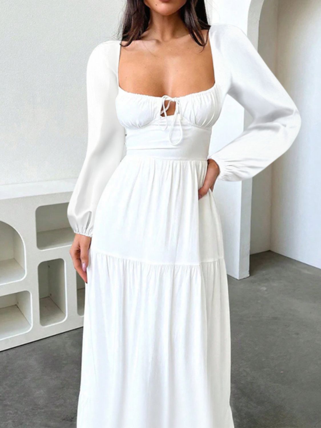 Devine Tie Front Long Sleeve Maxi Dress White
