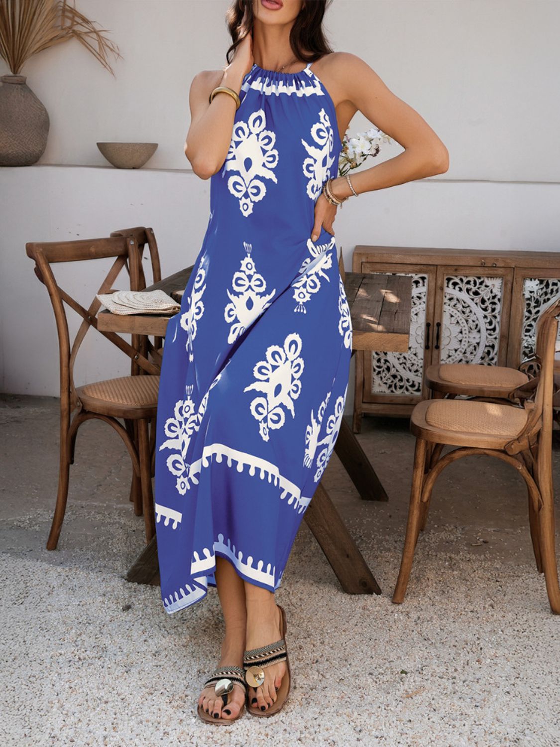 Devine Grecian Neck Printed Maxi Dress