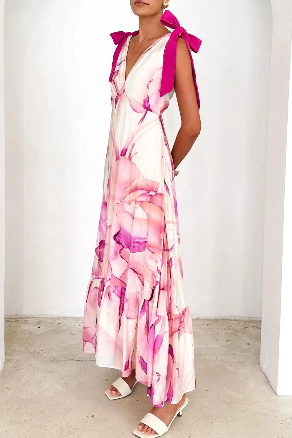 Printed V-Neck Tie Shoulder Midi Cami Dress