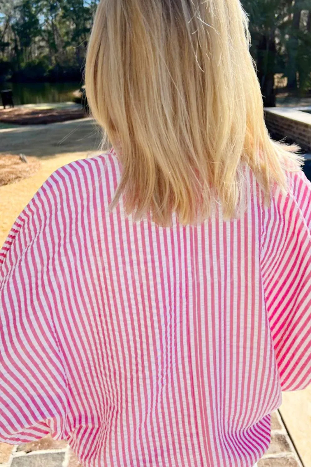 Striped Print Contrast Split Neck Dolman Sleeve Blouse