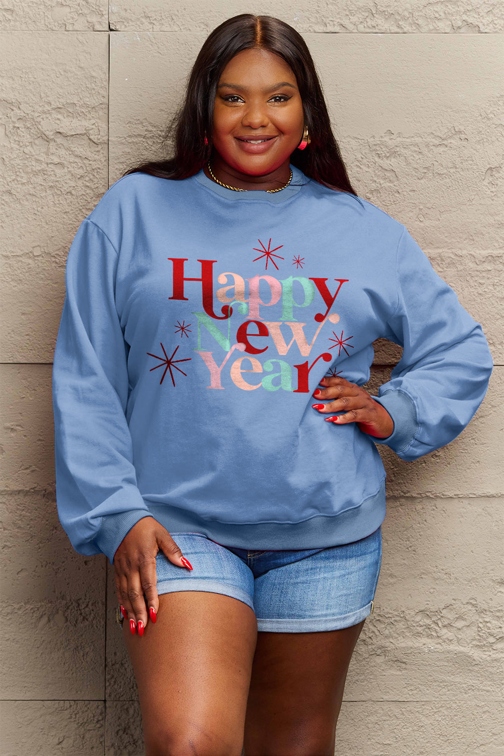 Simply Love Full Size HAPPY NEW YEAR Round Neck Sweatshirt Light Blue