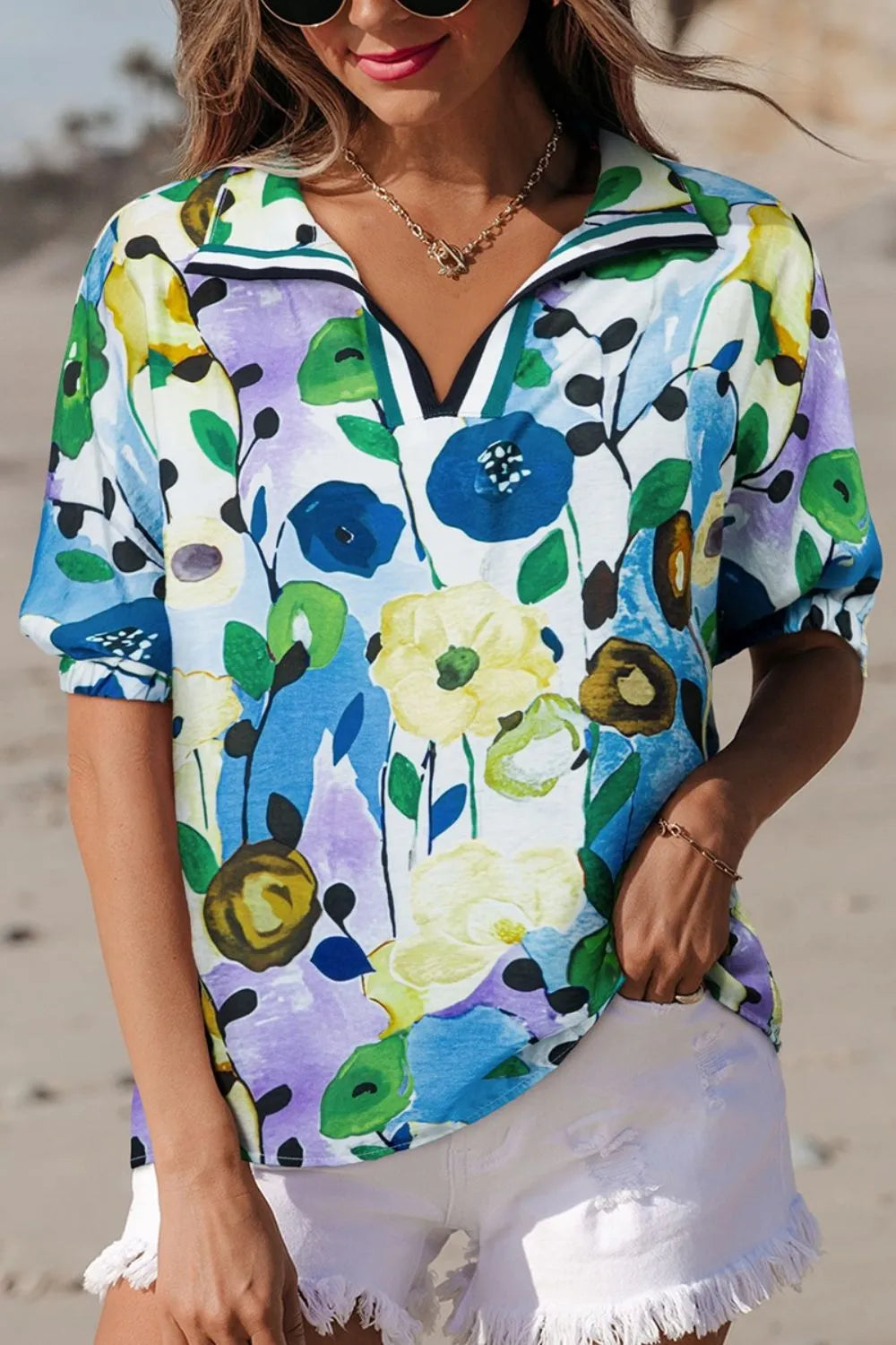Floral Print Short Sleeve Blouse Light Blue