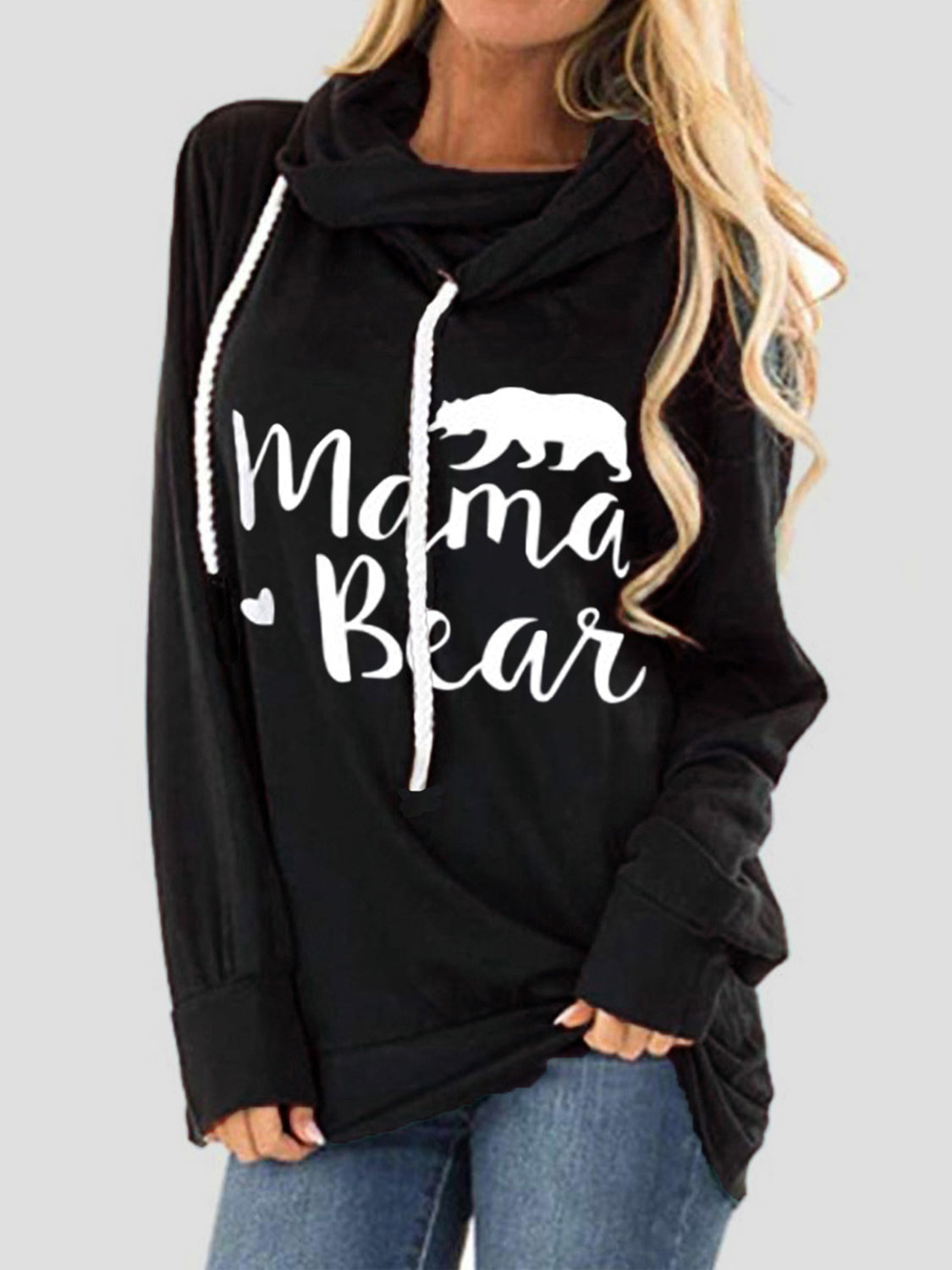 Drawstring Letter Graphic Long Sleeve Hoodie Black