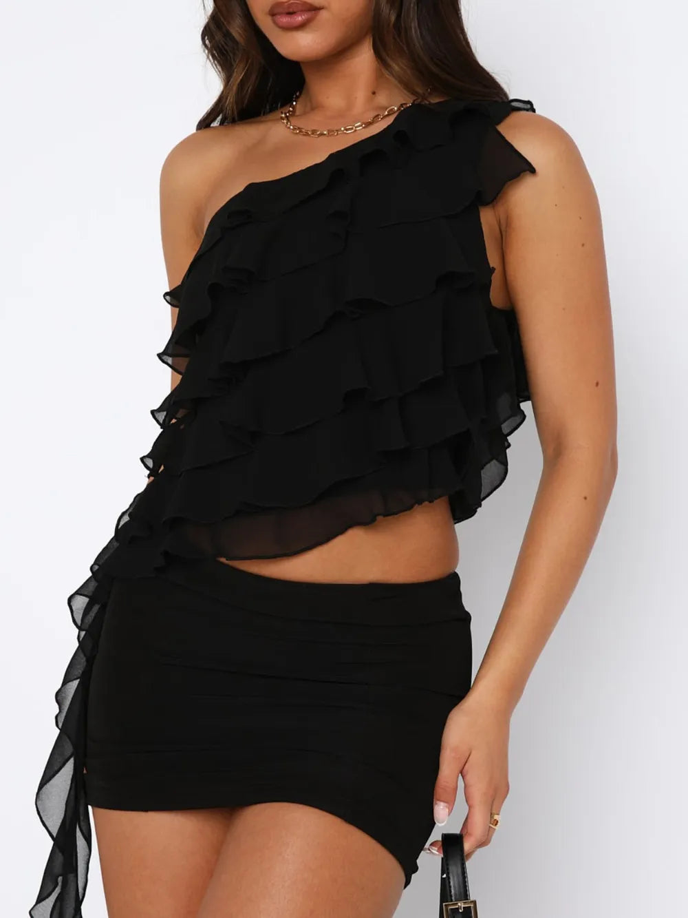 Layered Ruffled One Shoulder Tank Black