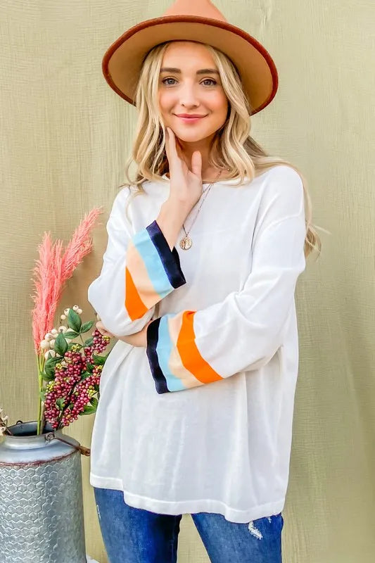 And The Why Color Stripe Sleeve Sweater Top
