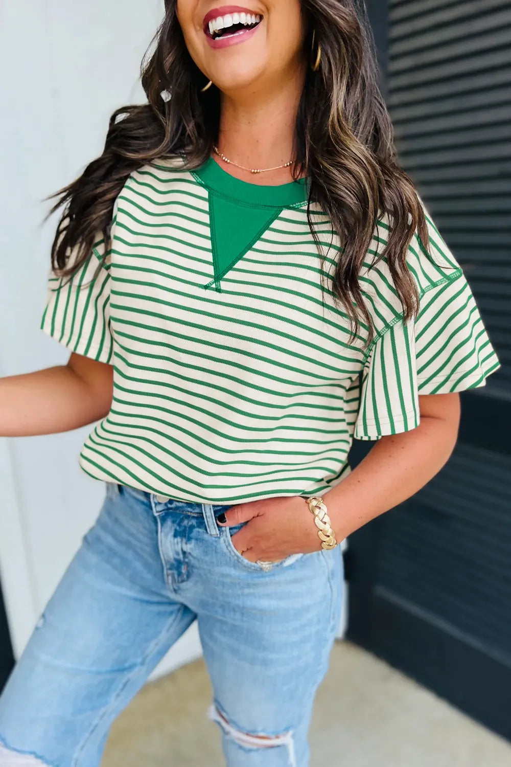 Striped Flounce Sleeve Casual Blouse Green