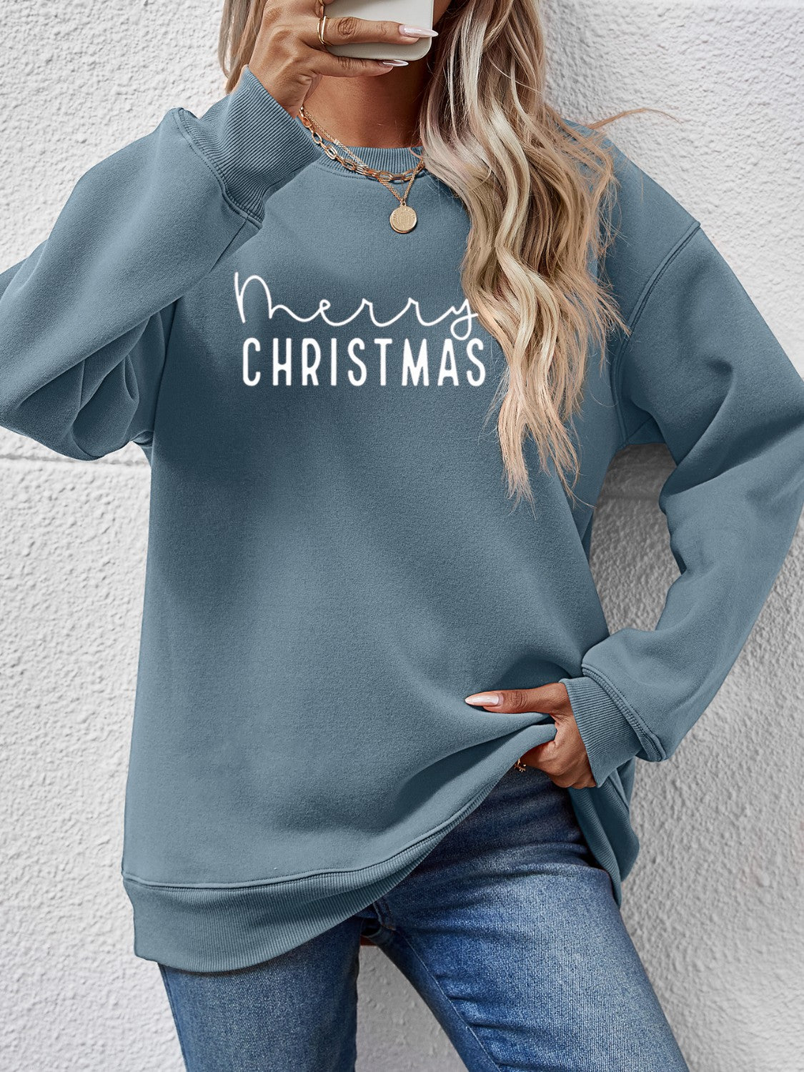 MERRY CHRISTMAS Dropped Shoulder Sweatshirt French Blue