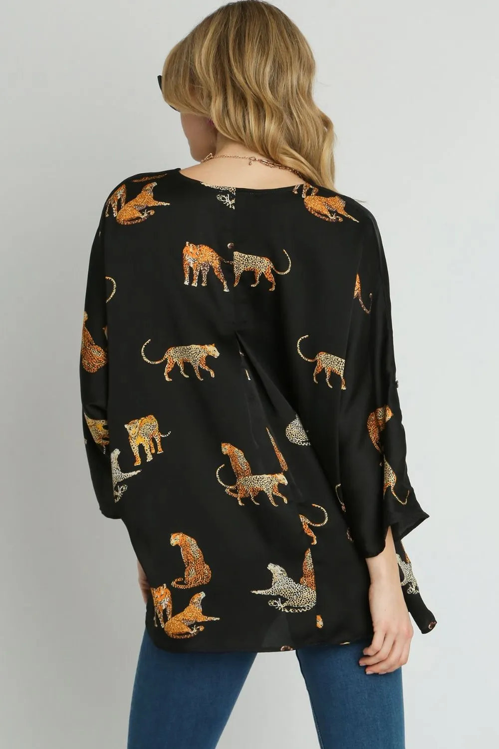Umgee Full Size High-Low Satin Animal Print V-Neck Blouse Plus Size