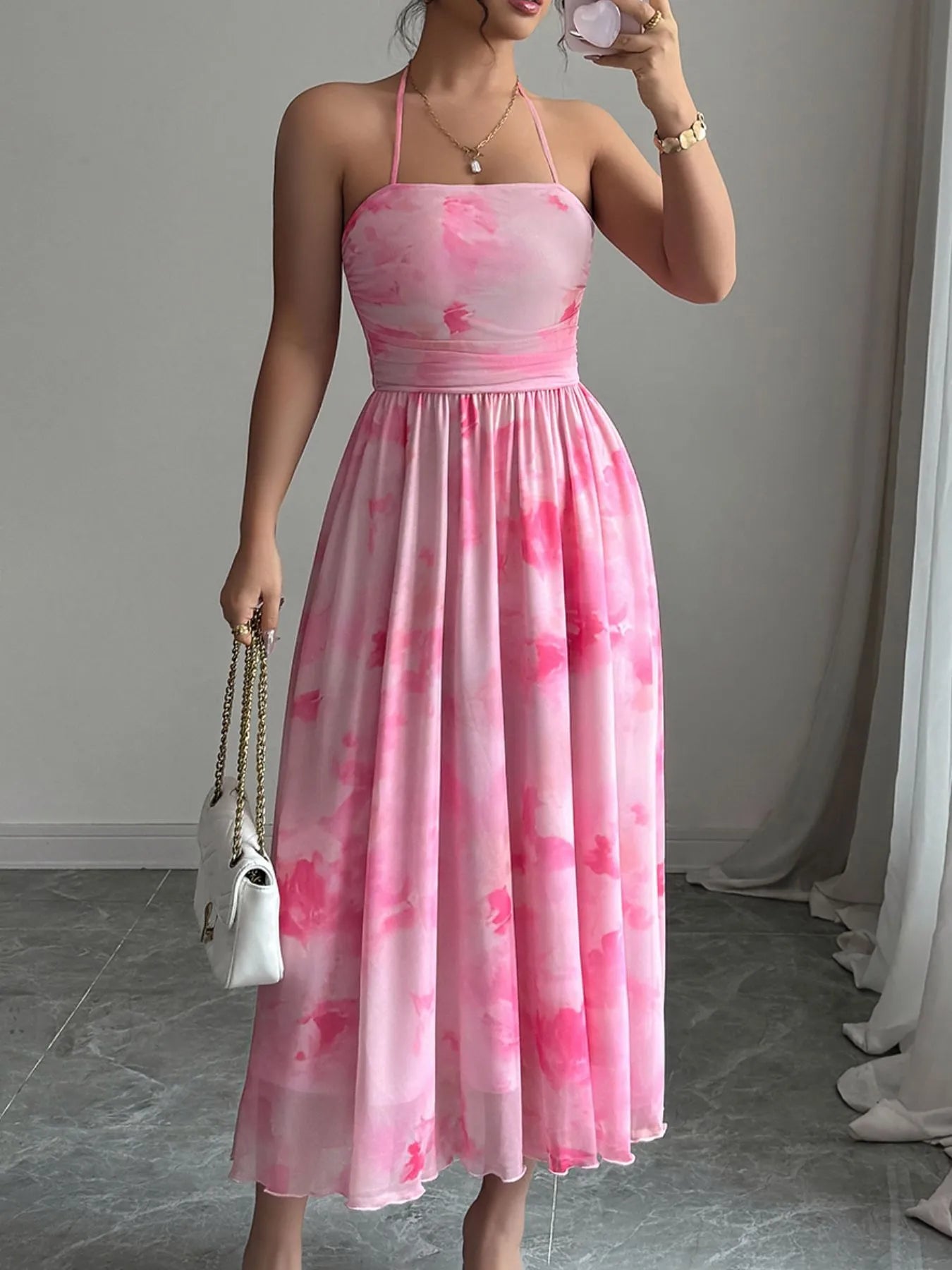 Tie-Dye Halter Sleeveless Midi Dress Pink