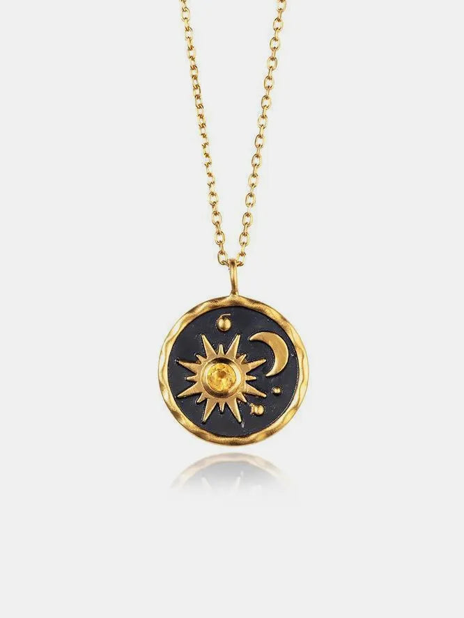 Alloy Inlaid Zircon Sun & Moon Necklace Gold One Size