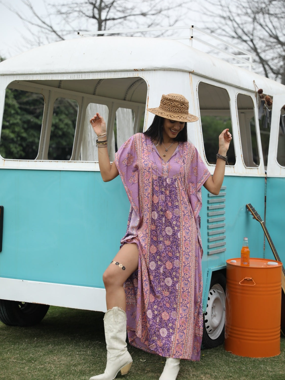 Printed Tie Neck Short Sleeve Dress Lavender