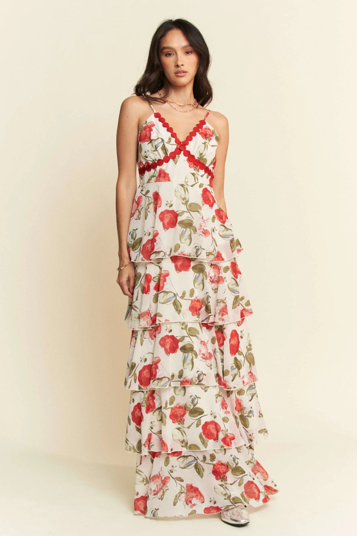 Davi & Dani Contrast Ring Lace Layered Ruffle Maxi Cami Dress IVORY RED