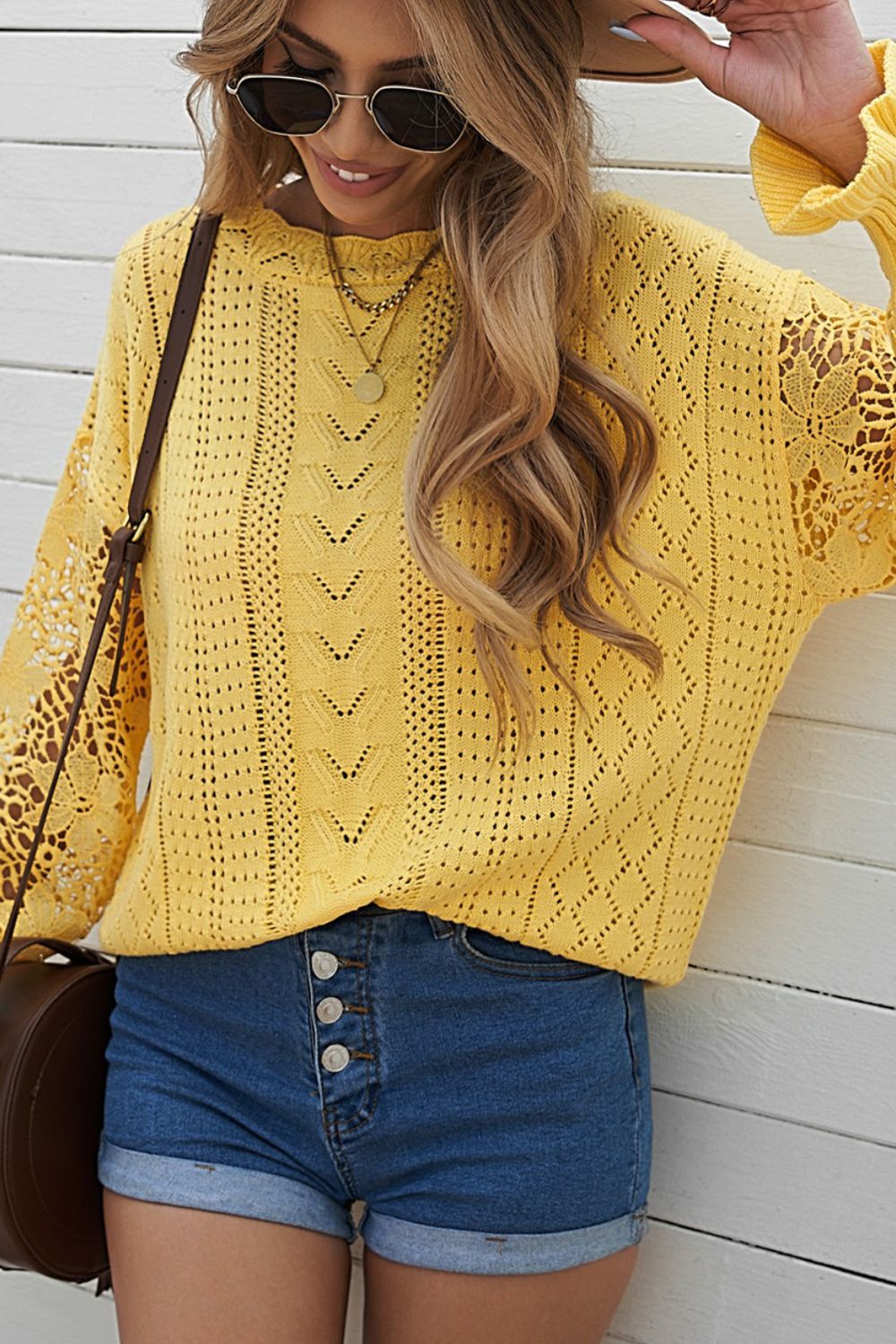 Openwork Round Neck Long Sleeve Sweater Yellow