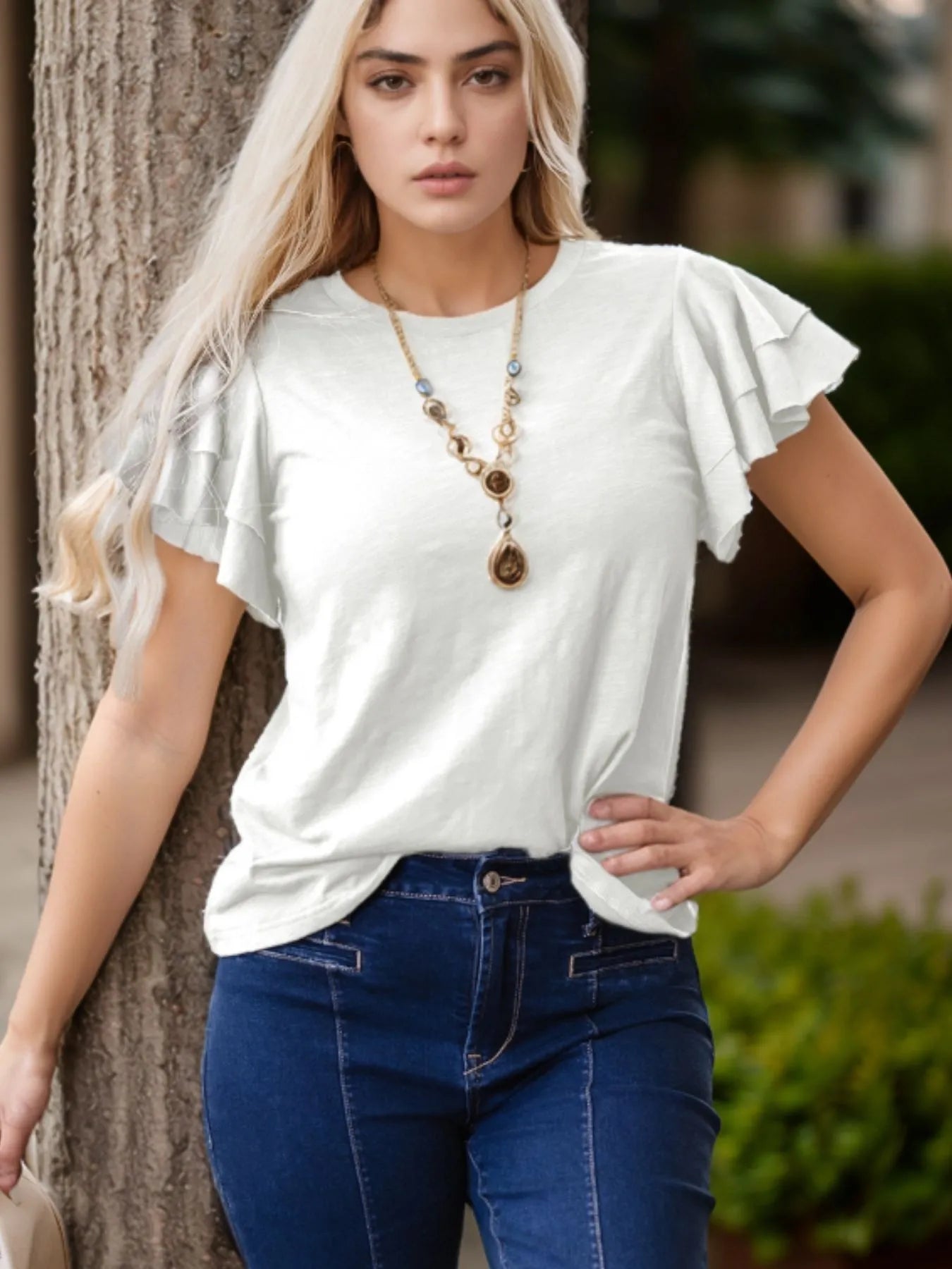 Ruffle Sleeve Round Neck Top White