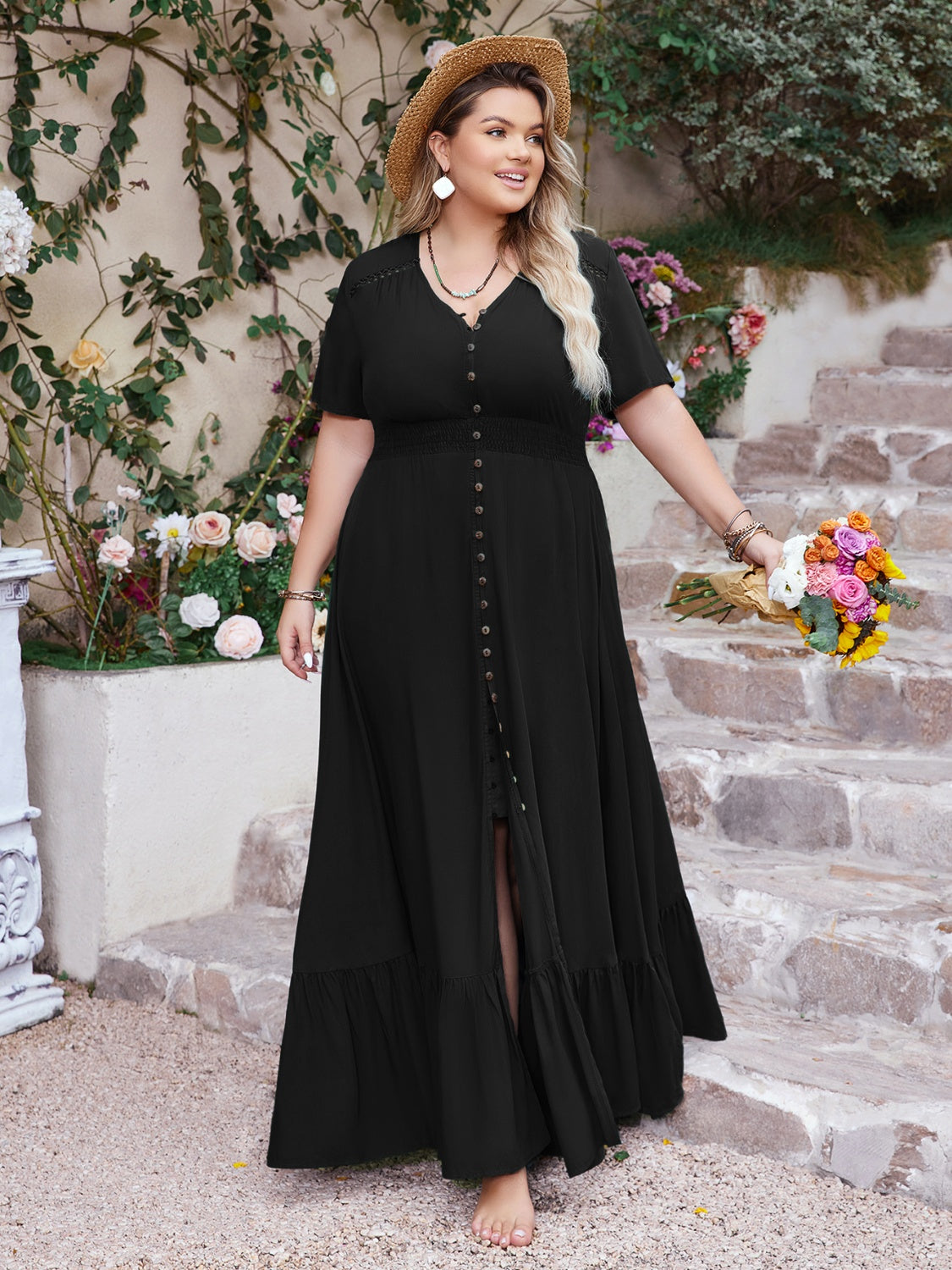 Plus Size Ruffled Hem Button Down V-Neck Short Sleeve Maxi Dress Black