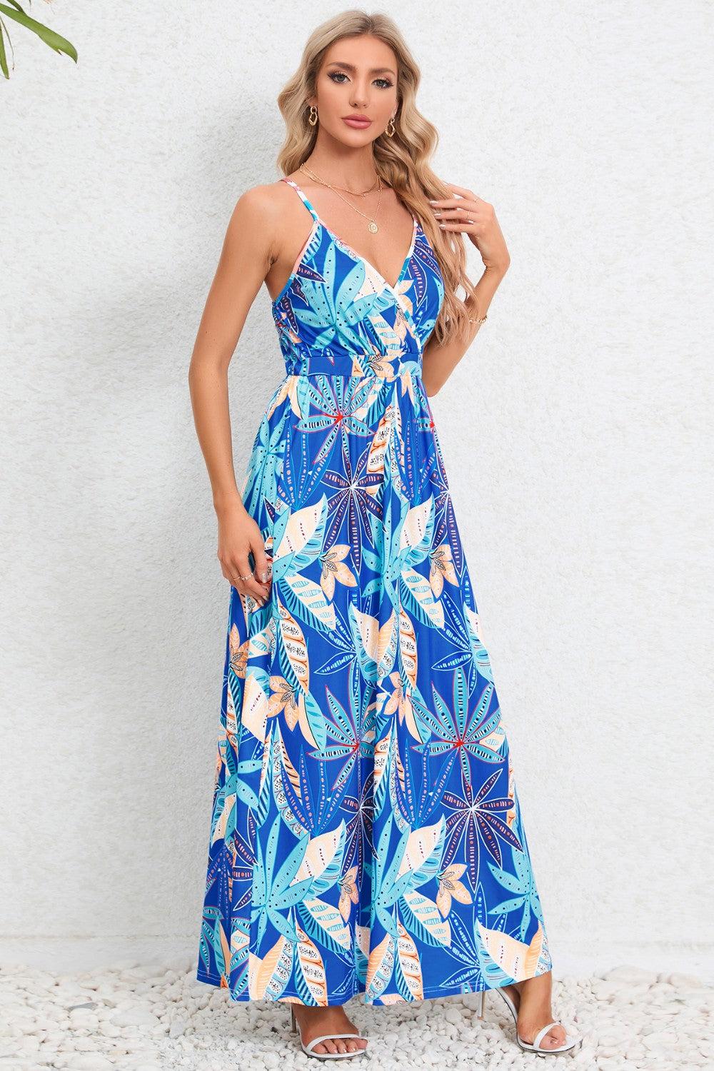 Printed Surplice Maxi Cami Dress Royal Blue
