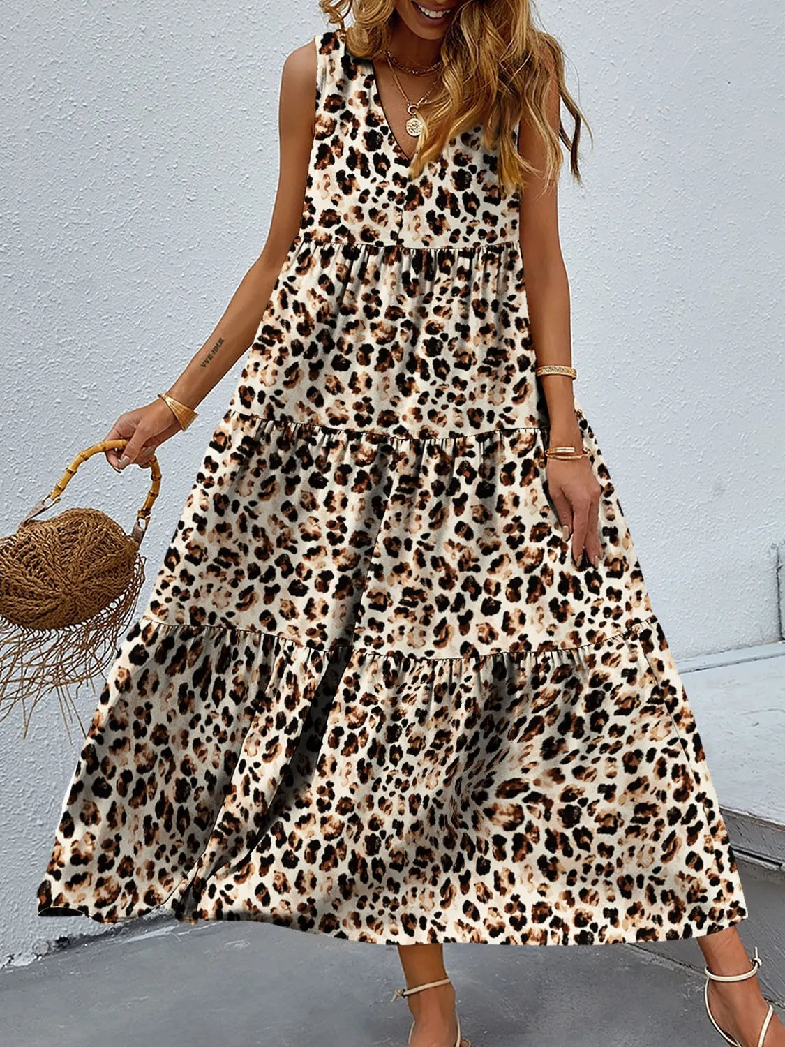 Printed V-Neck Tiered Maxi Tank Dress Leopard