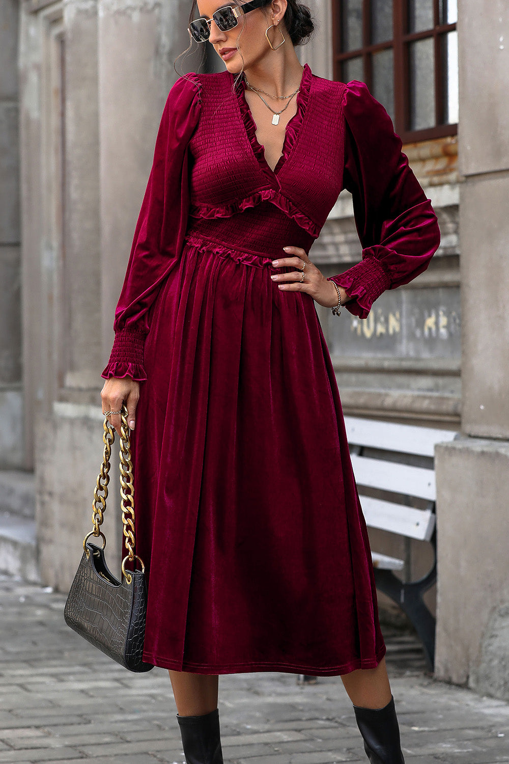 Perfee Smocked Lantern Sleeve Midi Dress Hot Pink