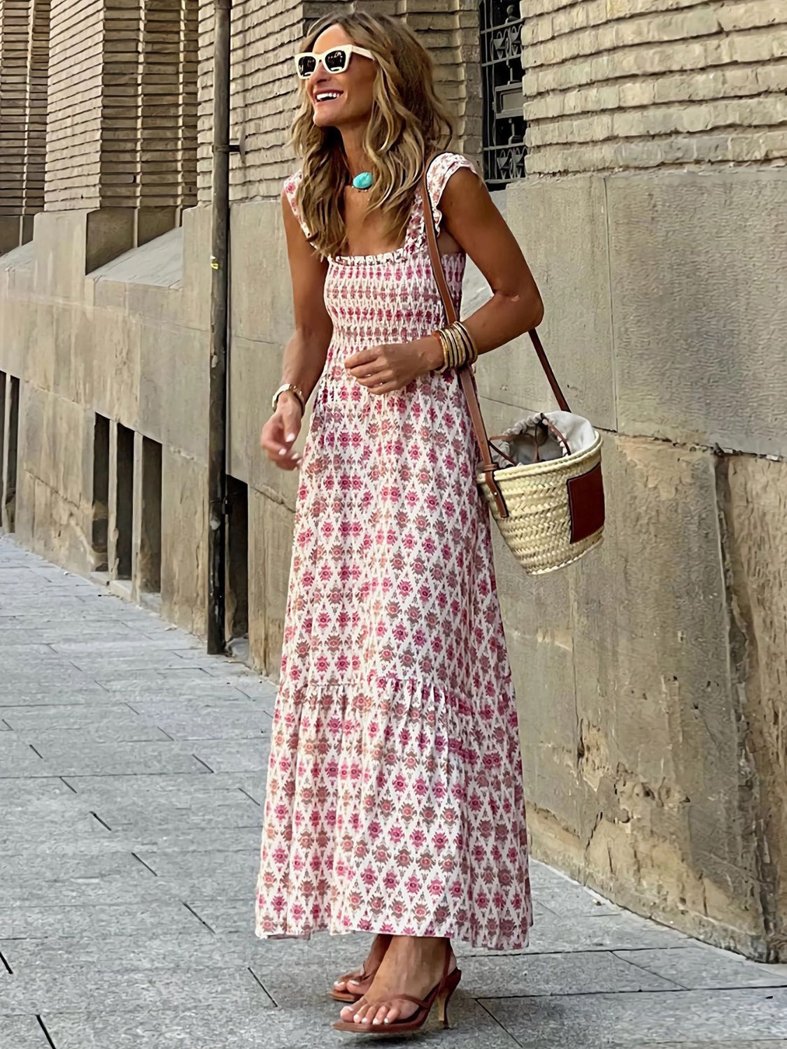 Smocked Printed Square Neck Sleeveless Dress Hot Pink