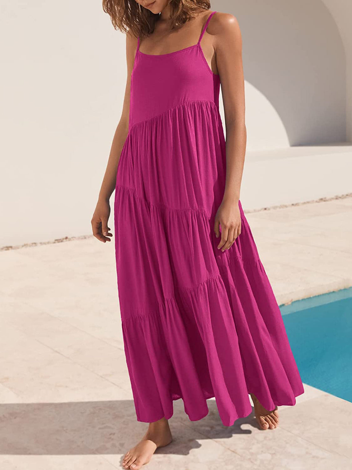 Full Size Ruched Tiered Spaghetti Strap Dress Red-Violet