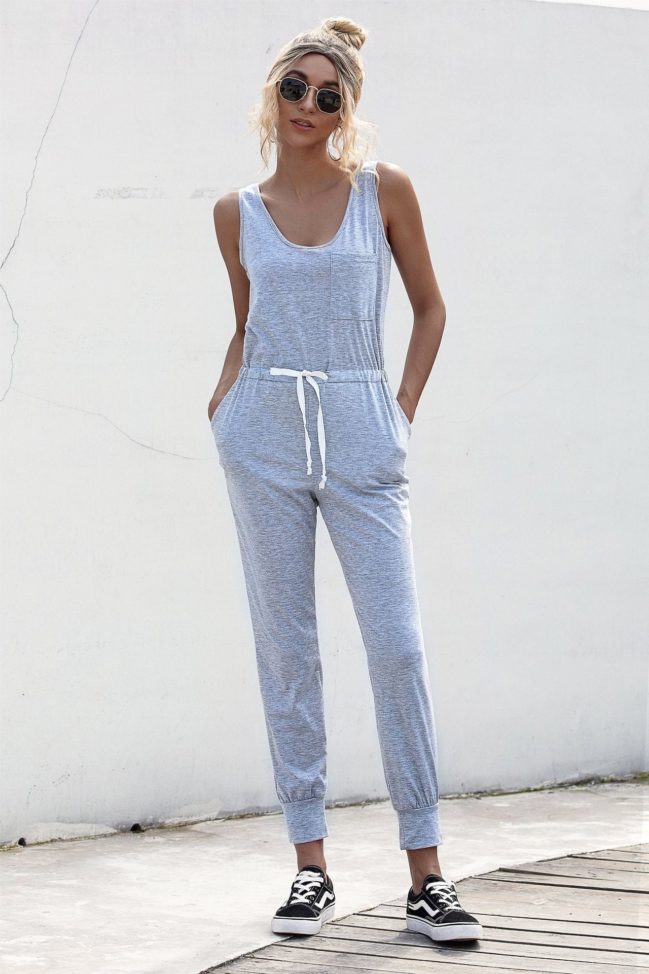 Knot Sleeveless Waist Jumpsuit Gray
