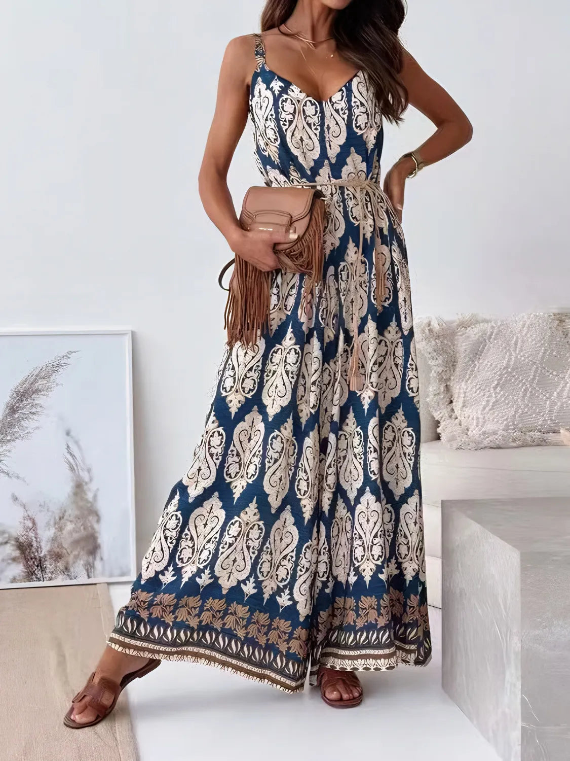 Printed V-Neck Wide Leg Jumpsuit Tan