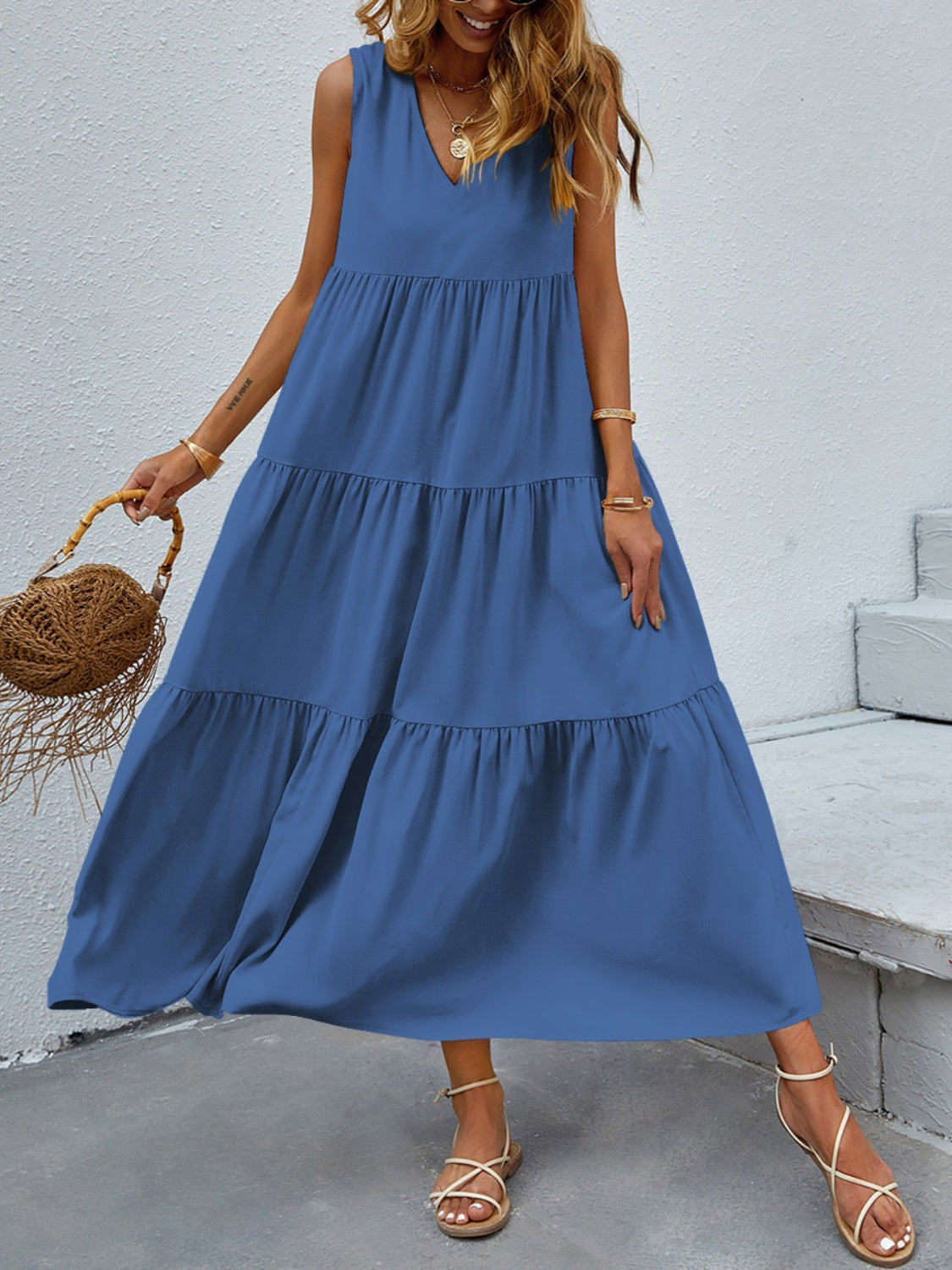 FAM-FAM Tiered V-Neck Sleeveless Dress Dusty Blue