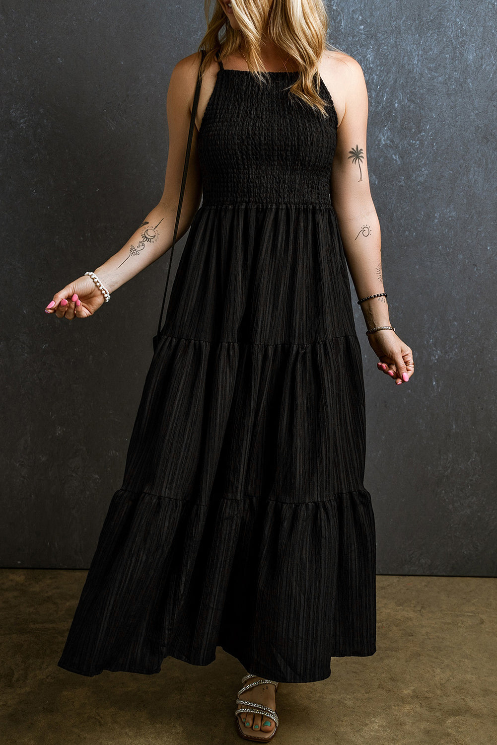 Smocked Tiered Spaghetti Strap Dress Black