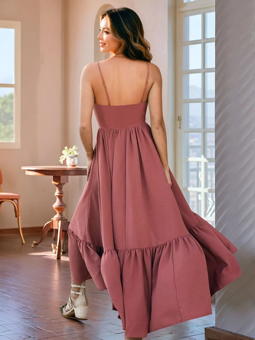 Ruffled Hem Lace Front High-Low Cami Dress