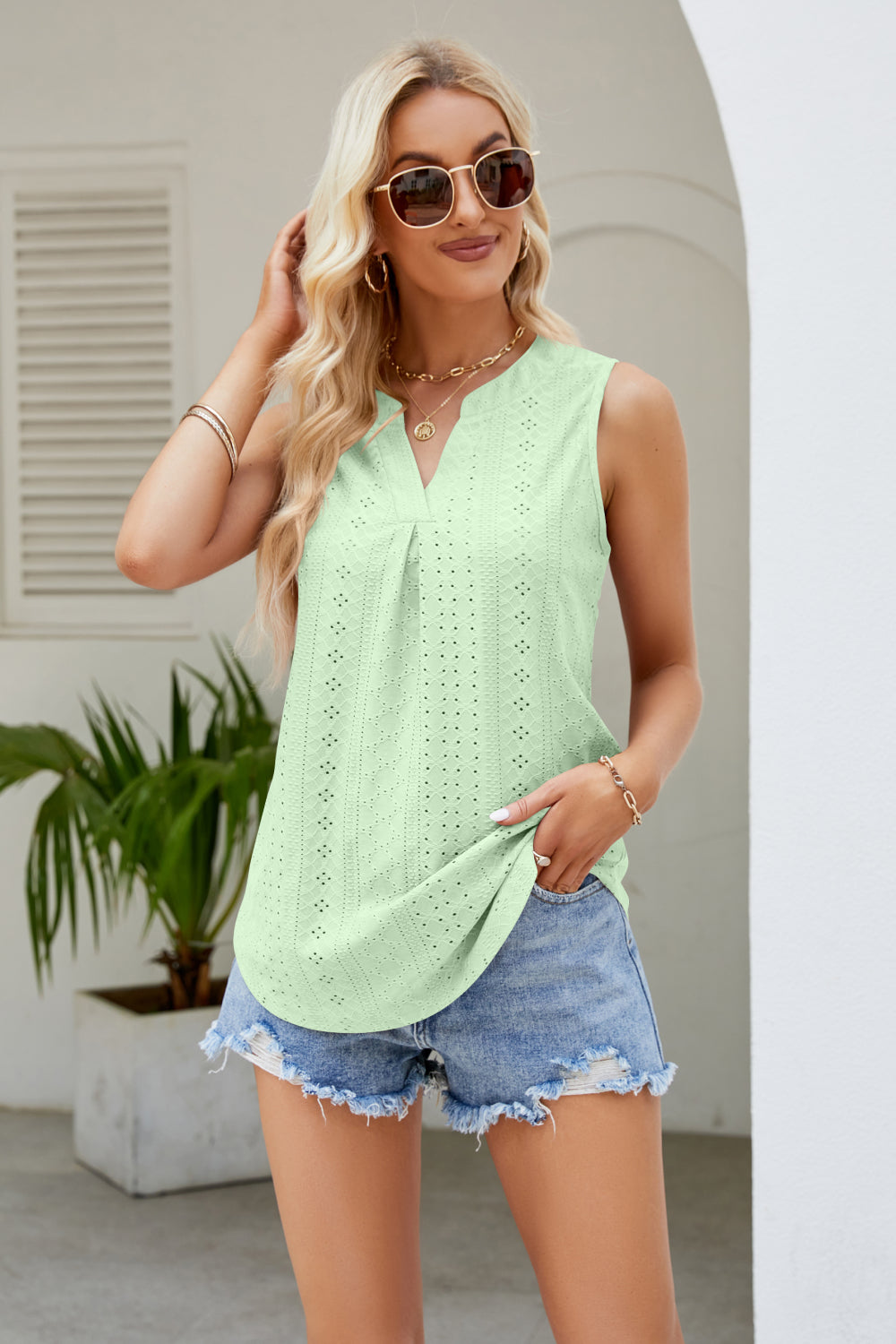 Notched Neck Curved Hem Eyelet Tank Neon Green
